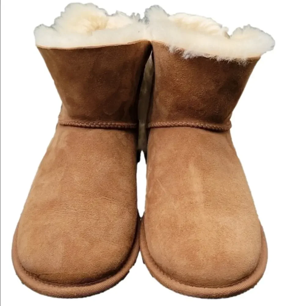 Sherpa Shearling Wool Lining Genuine Suede Ankle Booties Tan Contrast Fur Sz.7